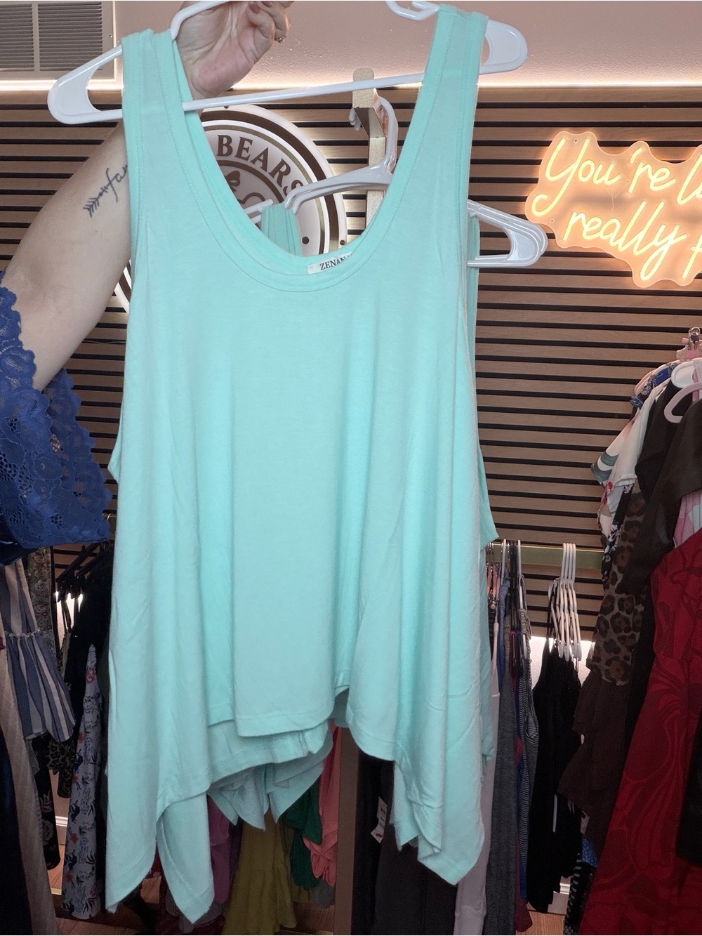 Zenana Outfitters Mint Aqua Flowing Asymmetric Tank Top